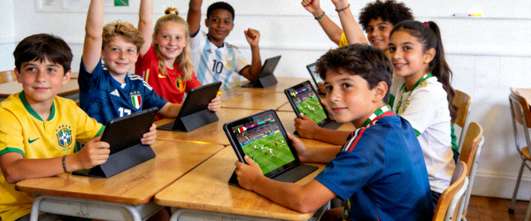 学校教室中学生通过平板电脑观看世界杯比赛